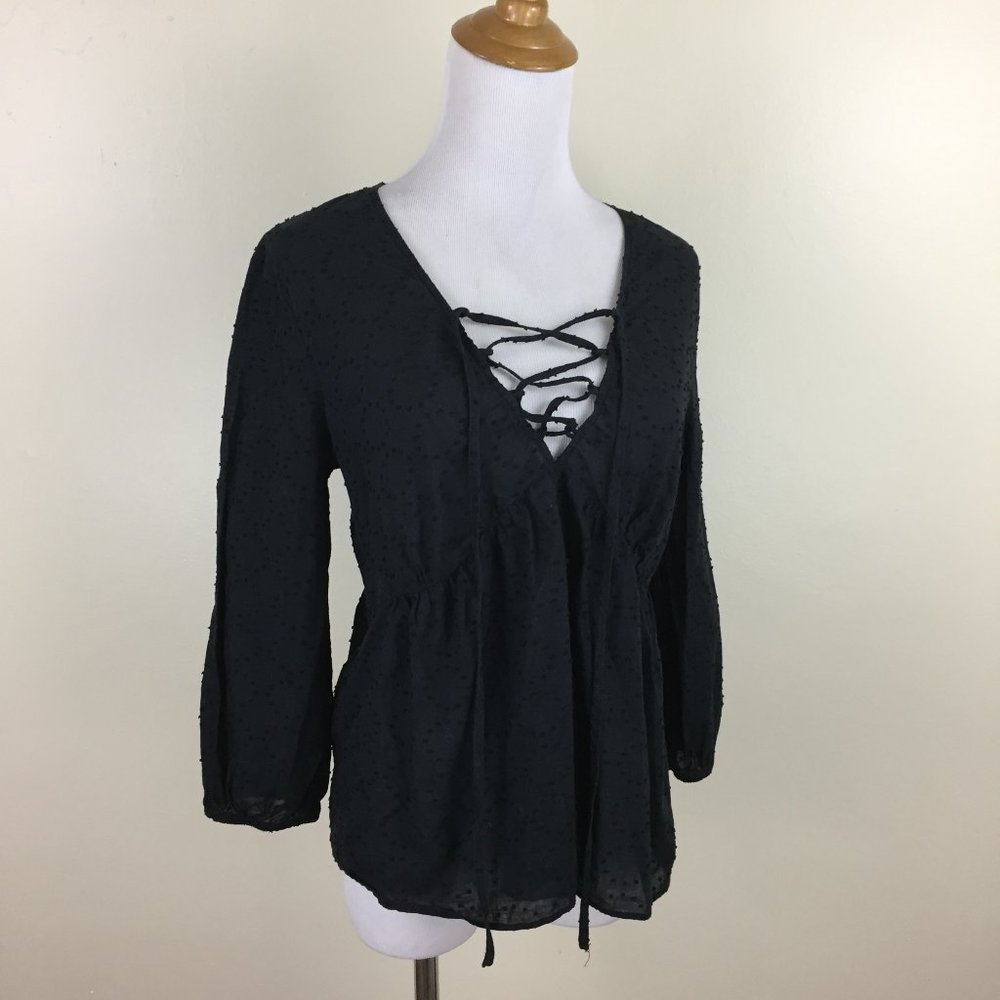 BCBGMAXAZRIA Black Textured Lace Up V Neck Wide Shirt